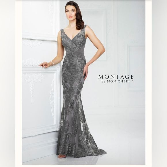 MONTAGE By MON CHERI - V-Neck Evening Dress Ice Gray - Size 16W - Picture 1 of 10